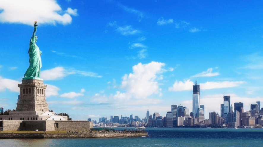  Statue of Liberty, a symbol of freedom and democracy, located on Liberty Island in New York.