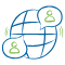 Ícone de globo com pessoas a conversar, simbolizando comunicação global.